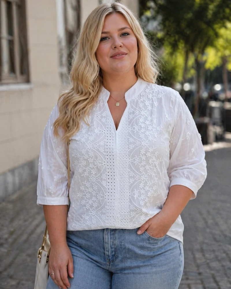 Tamélie Blouse Femme Curvy Grande Taille – Haut Col V Manches Bouffantes Dentelle Patchwork Élégant