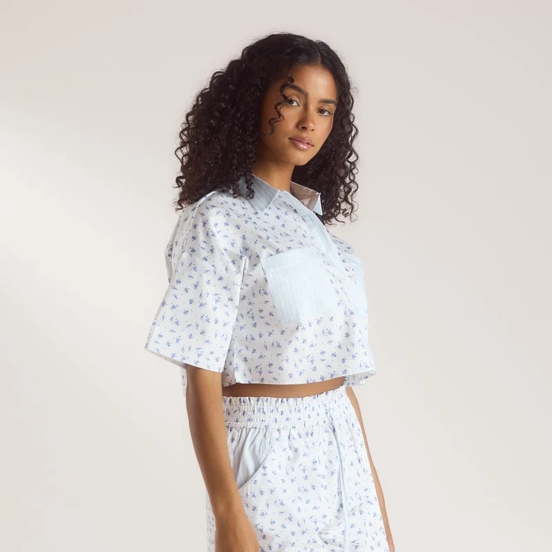 Chemise de Pyjama à Manches Courtes Bloom & Stripe - Bleu