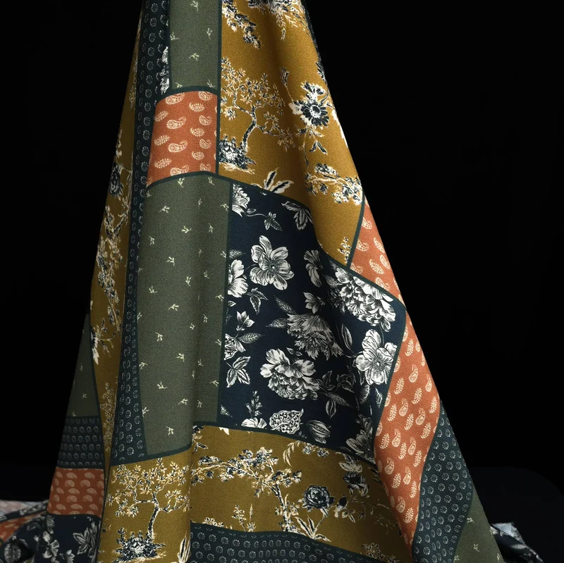 Challis de Viscose Floral style Patchwork | Moutarde, Bleu Marine & Olive