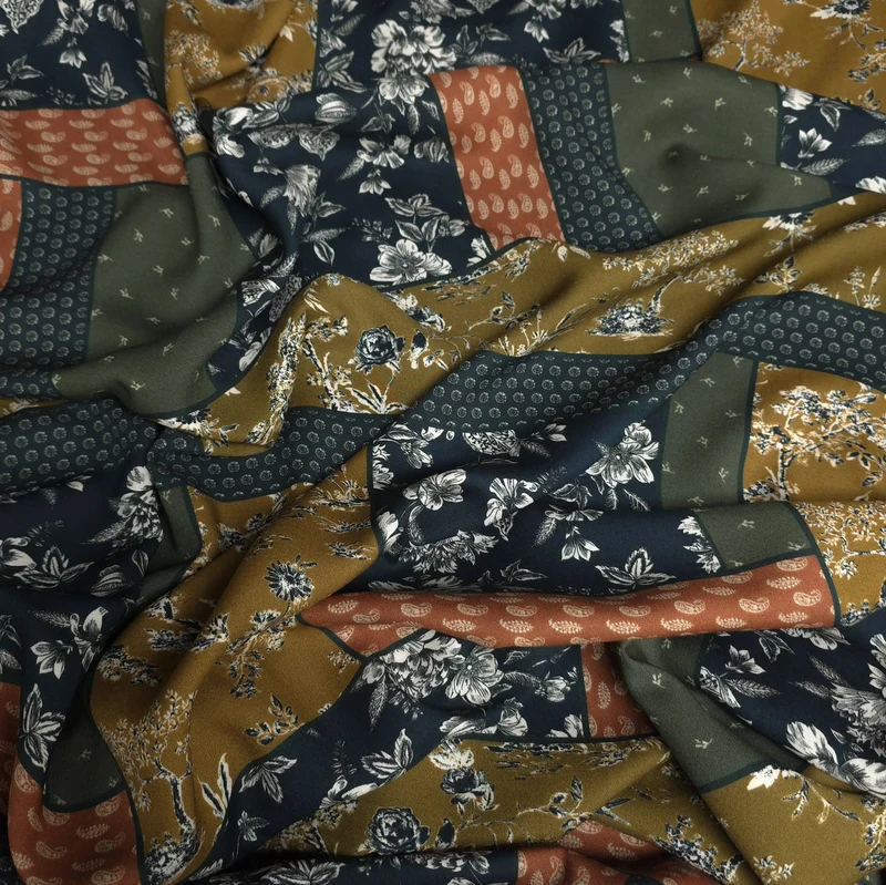 Challis de Viscose Floral style Patchwork | Moutarde, Bleu Marine & Olive