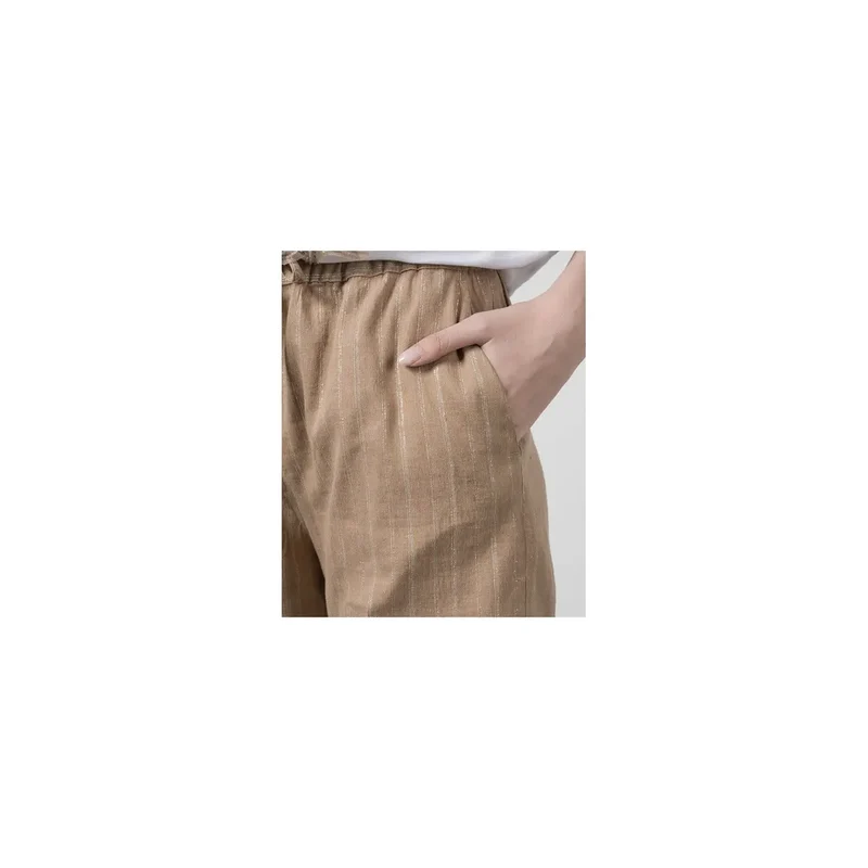 Twinset Femme Pantalon Beige Rayé Coton Lin