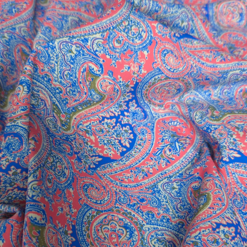 Tissu maillot de bain extensible dans les 4 sens | Cachemire Riviera Corail | Corail et bleu | Exclusivité Les Tissées