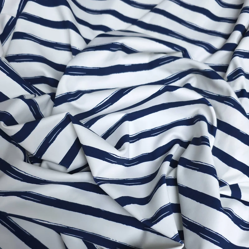 Tissu maillot de bain extensible dans les 4 sens | Rayures nautiques effet pinceau | Marine et blanc | Exclusivité Les Tissées