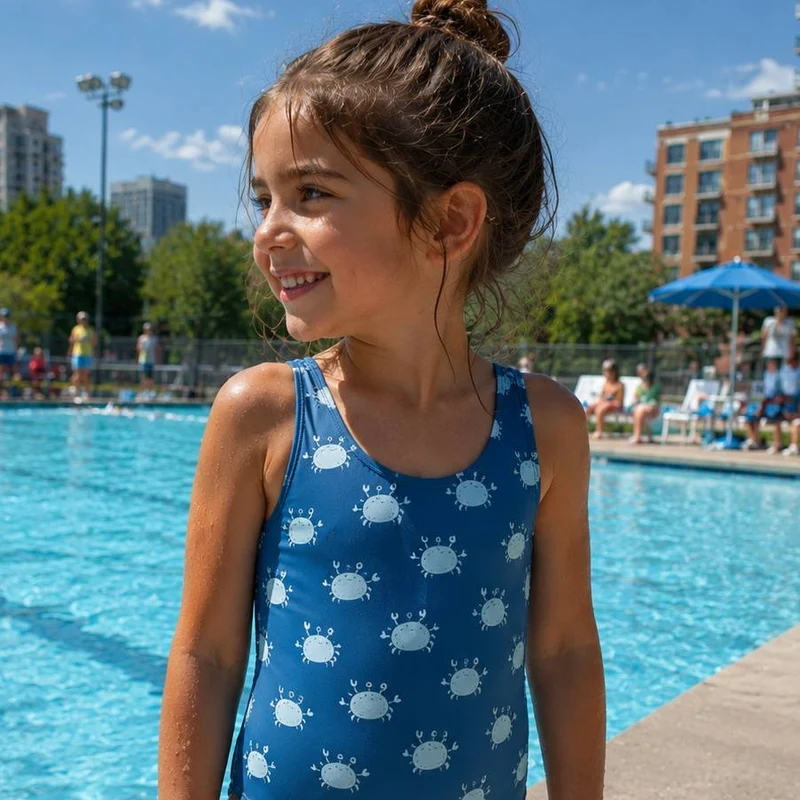 Tissu maillot de bain extensible dans les 4 sens | Crabes Heureux | Sarcelle et bleu pâle | Exclusivité Les Tissées