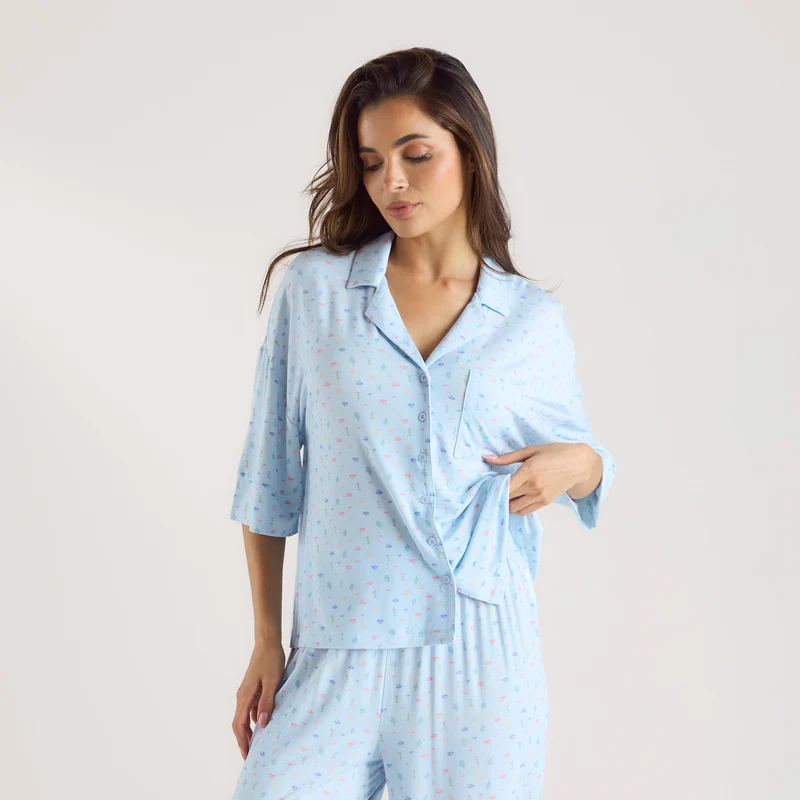 Chemise de Pyjama à Manches Courtes en Modal - Bleu Floral
