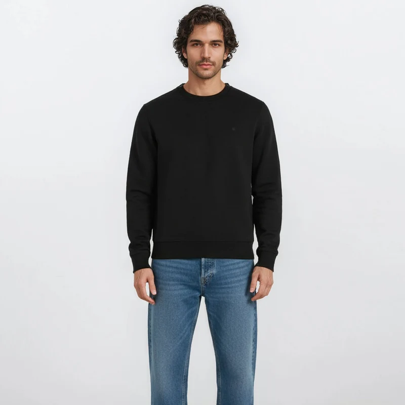 Sweat avec col rond noir uni en coton
