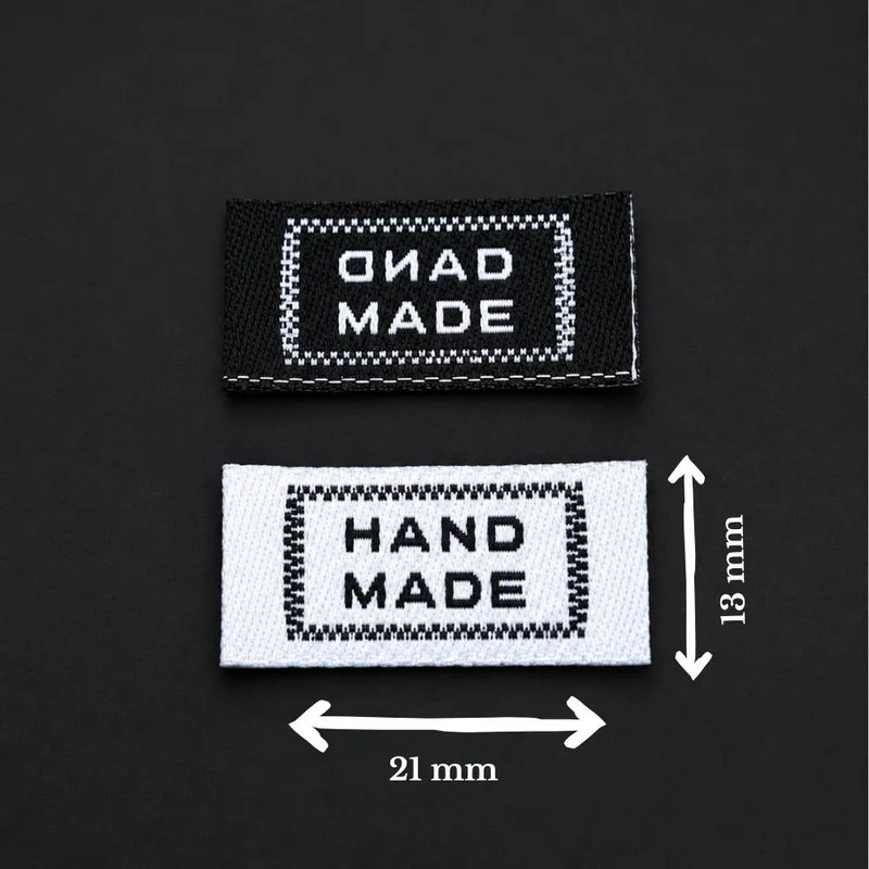 Étiquettes tissées « Hand Made » | Blanc et noir | Paquet de 10