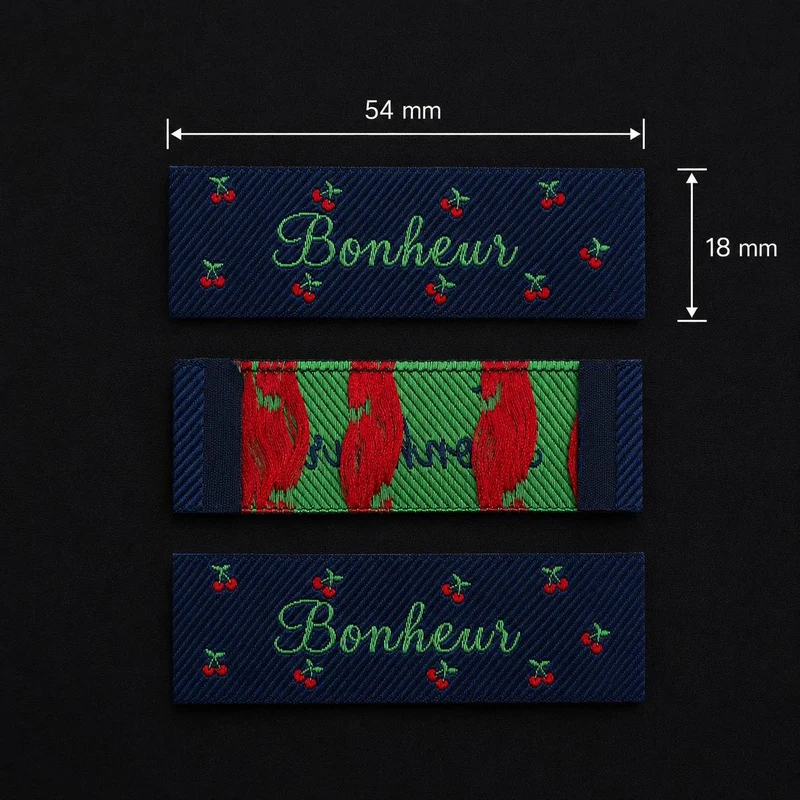 Étiquettes tissées « Bonheur » | Motif cerises | Paquet de 5