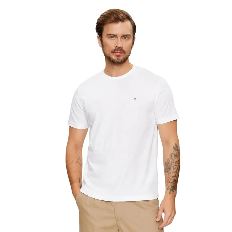 T-shirt Homme Gant Blanc Col Rond Manches Courtes Coton 100