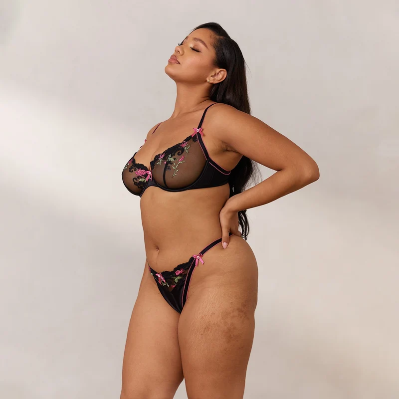 Bloom Embroidered Balcony Soutien-Gorge - Noir