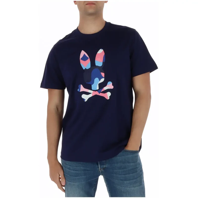 T-shirt pour Hommes Psycho Bunny Imprimé Bleu Col Rond Coton MT0200250