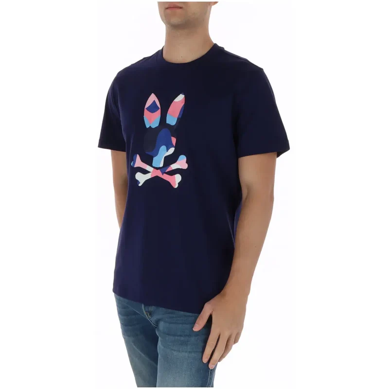 T-shirt pour Hommes Psycho Bunny Imprimé Bleu Col Rond Coton MT0200250