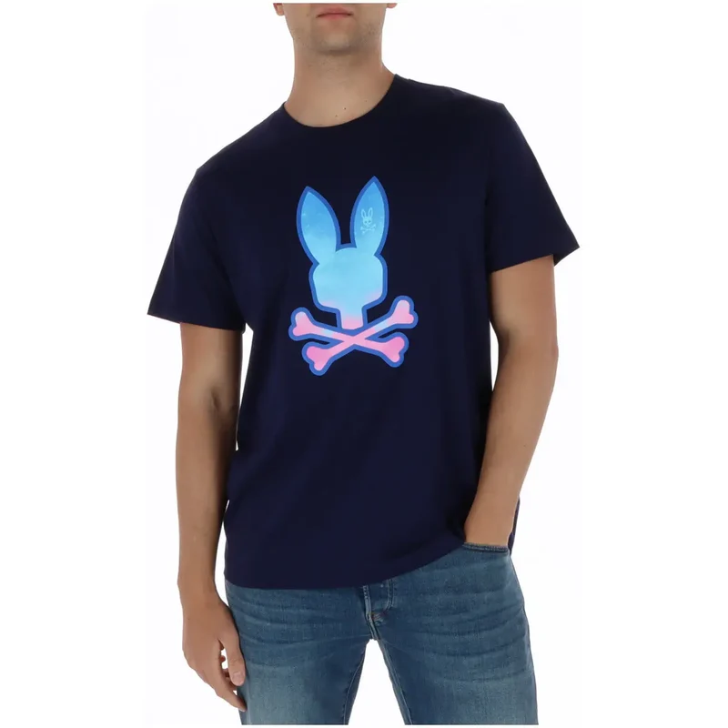 T-shirt pour Hommes Psycho Bunny Imprimé Bleu Col Rond Coton MT0200237