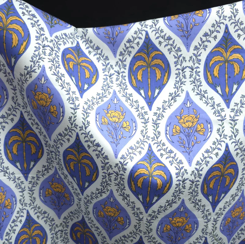 Coton pour Chemises | Imprimé Palmiers & Carreaux Floraux | Bleu & Moutarde