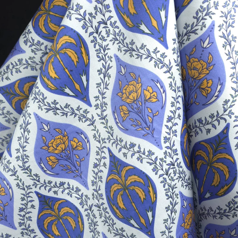 Coton pour Chemises | Imprimé Palmiers & Carreaux Floraux | Bleu & Moutarde