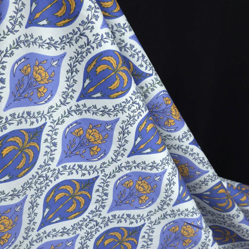 Coton pour Chemises | Imprimé Palmiers & Carreaux Floraux | Bleu & Moutarde