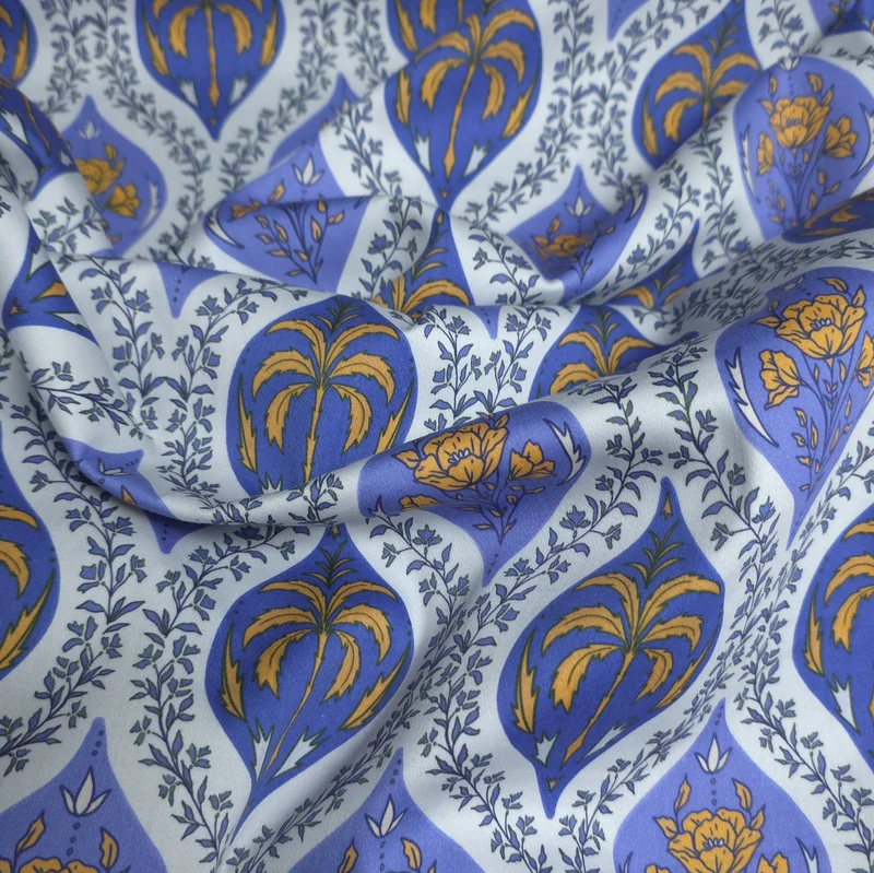 Coton pour Chemises | Imprimé Palmiers & Carreaux Floraux | Bleu & Moutarde