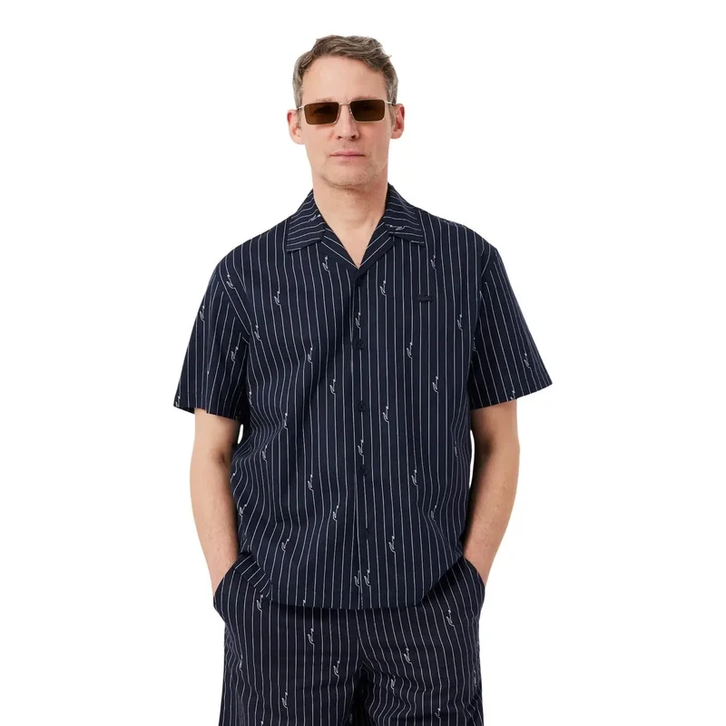 Chemise pour Homme Lacoste Noire Rayée en Coton Manches Courtes Col en V