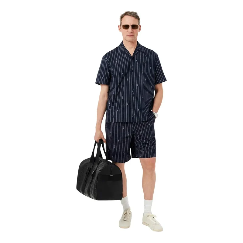 Chemise pour Homme Lacoste Noire Rayée en Coton Manches Courtes Col en V