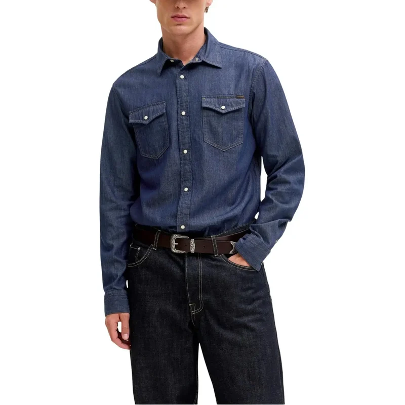 Chemise Homme Jack Jones Bleue Coton Manches Longues Classique JJESHERIDAN
