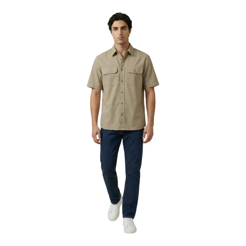 Chemise Homme Armani Exchange Coton Beige Manches Courtes Pochette