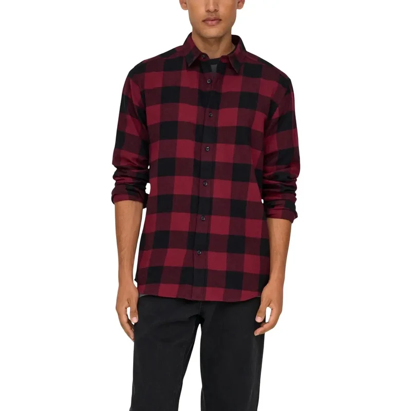 Chemise pour Hommes Only & Sons Rouge à Carreaux Manches Longues Coton S