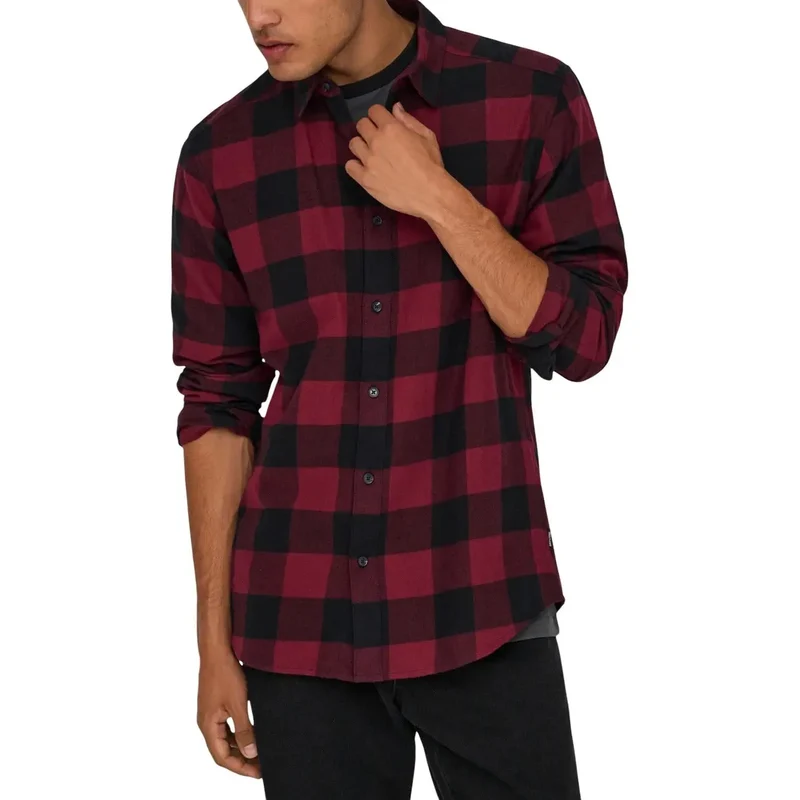 Chemise pour Hommes Only & Sons Rouge à Carreaux Manches Longues Coton S