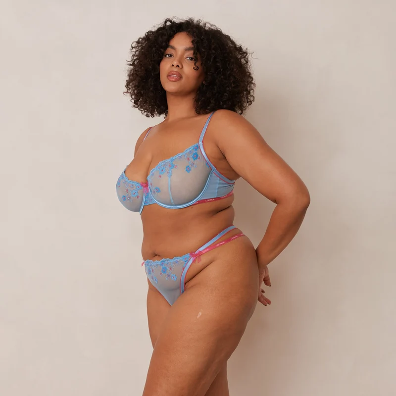 Floral Embroidered Balcony Soutien-Gorge - Bleu