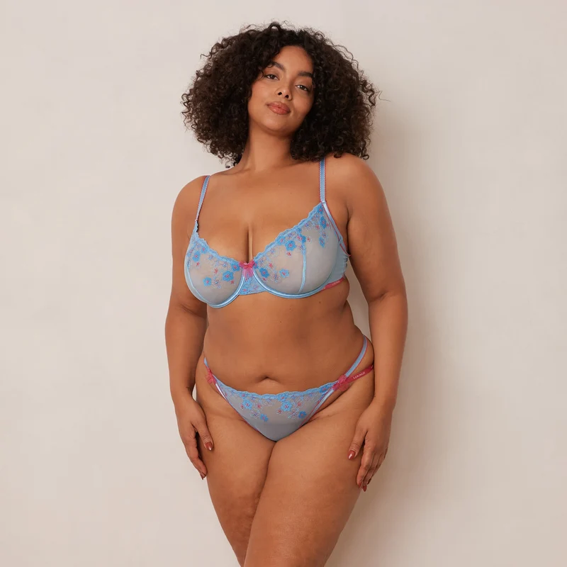 Floral Embroidered Balcony Soutien-Gorge - Bleu
