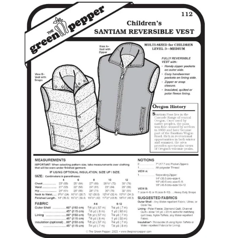 Patron de couture PDF | Veste réversible Santiam pour enfants | The Green Pepper