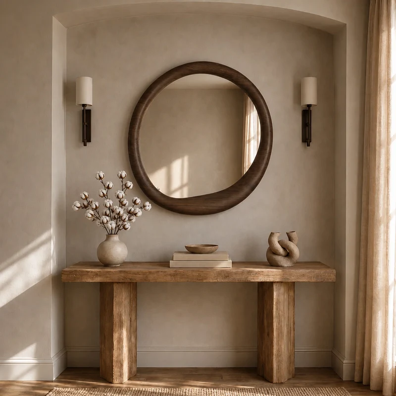 Miroir rond Yoko en placage noyer, D100 cm