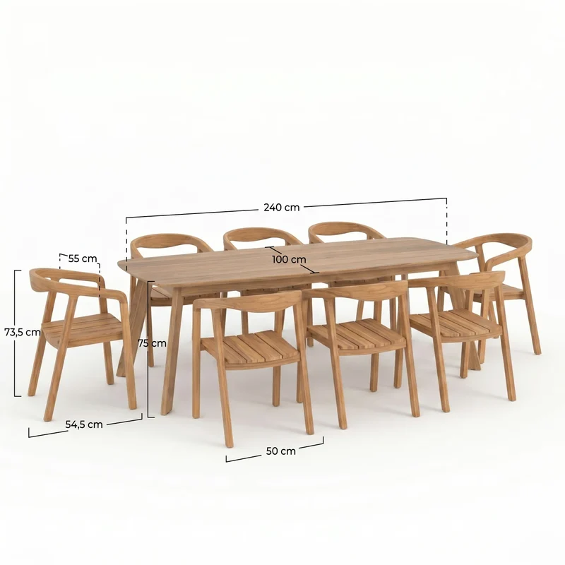 Table et chaises de jardin Lumo en bois de teck recyclé, 8 personnes