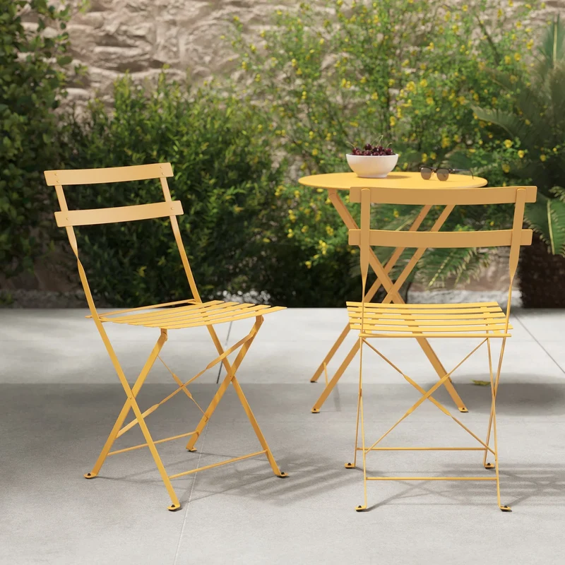 Table ronde et chaises de jardin pliantes Kayla 2 places en métal jaune
