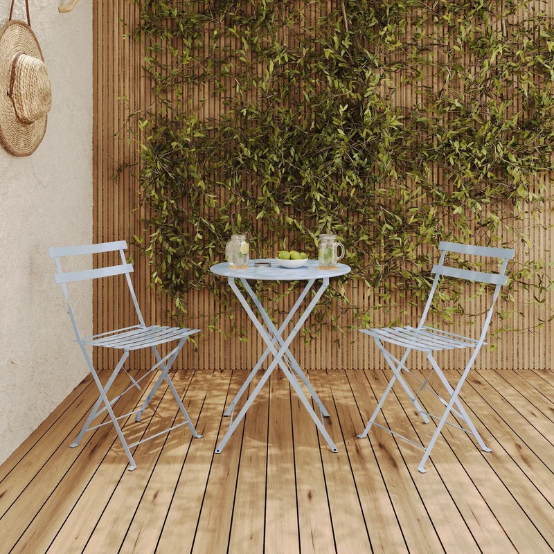 Table ronde et chaises de jardin pliantes Kayla 2 places en métal bleu