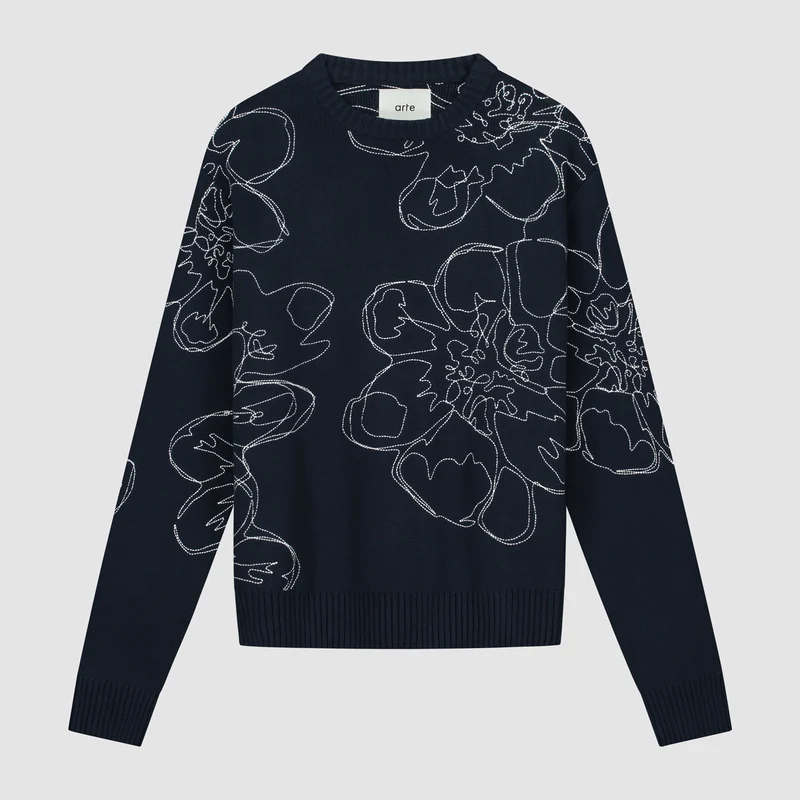 Tricot à fleurs brodées - Marine