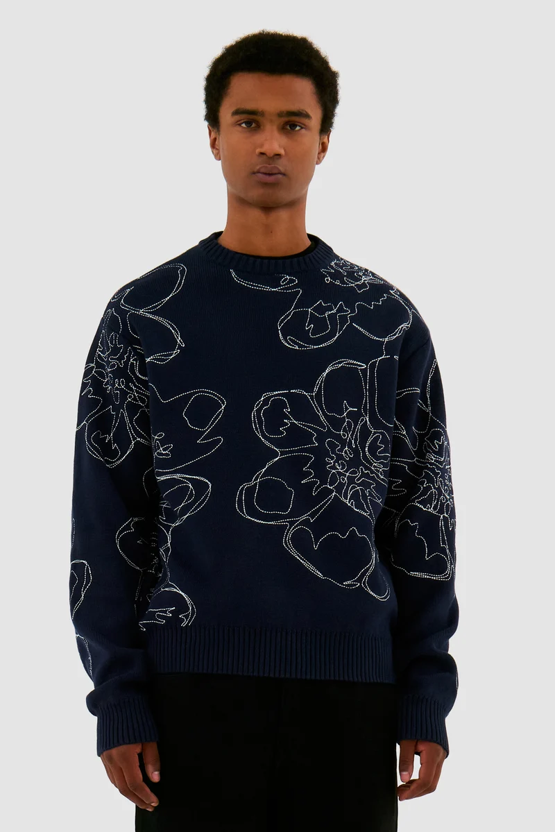 Tricot à fleurs brodées - Marine