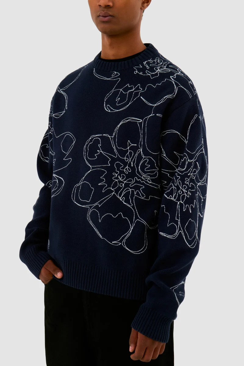Tricot à fleurs brodées - Marine