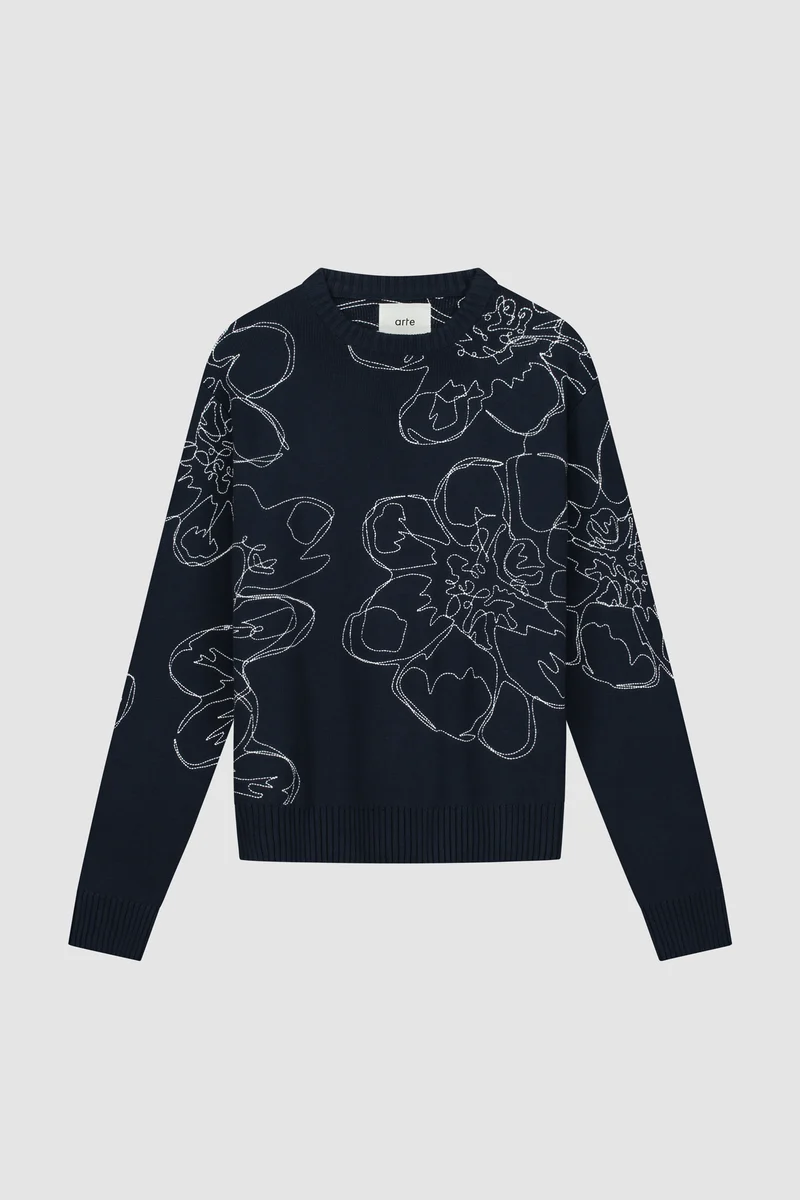 Tricot à fleurs brodées - Marine