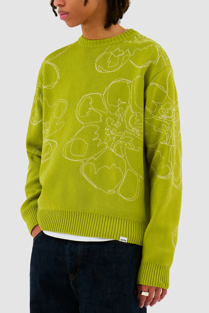 Tricot à fleurs brodées - Vert clair