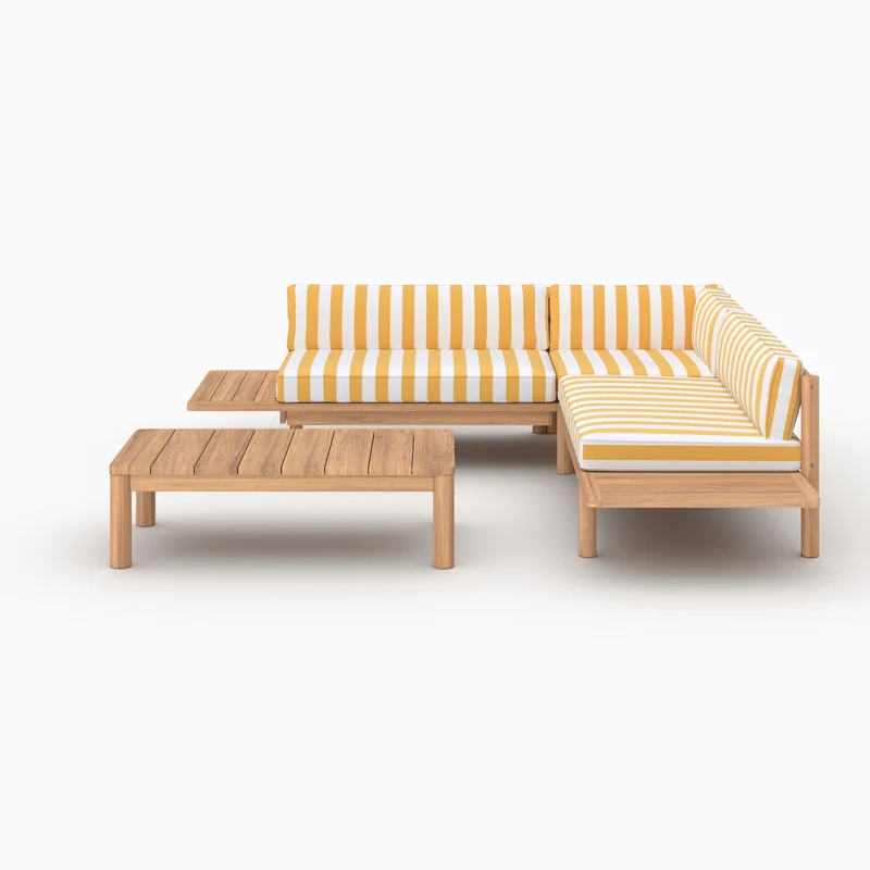 Salon de jardin Nadila 4 personnes en teck massif et tissu rayé jaune