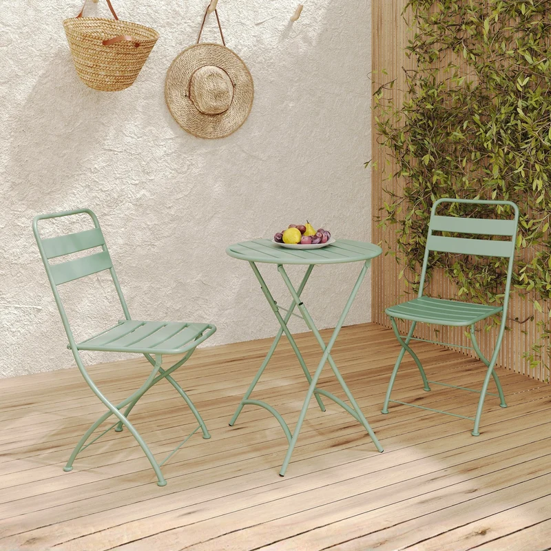 Table de jardin Yumi ronde et pliante en métal vert clair 2 personnes