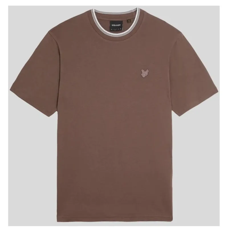 T-shirt marron à manches courtes et col rayé blanc