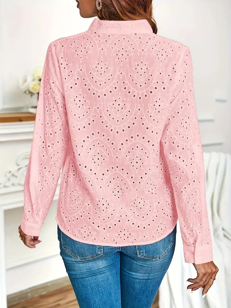 Clyde Blouse Femme – Haut Léger à Manches Longues avec Détails Ajourés & Coupe Droite