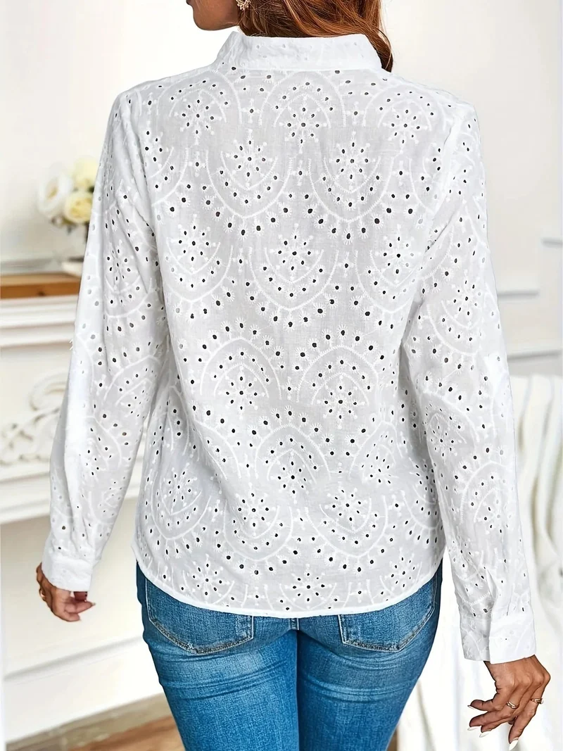 Clyde Blouse Femme – Haut Léger à Manches Longues avec Détails Ajourés & Coupe Droite