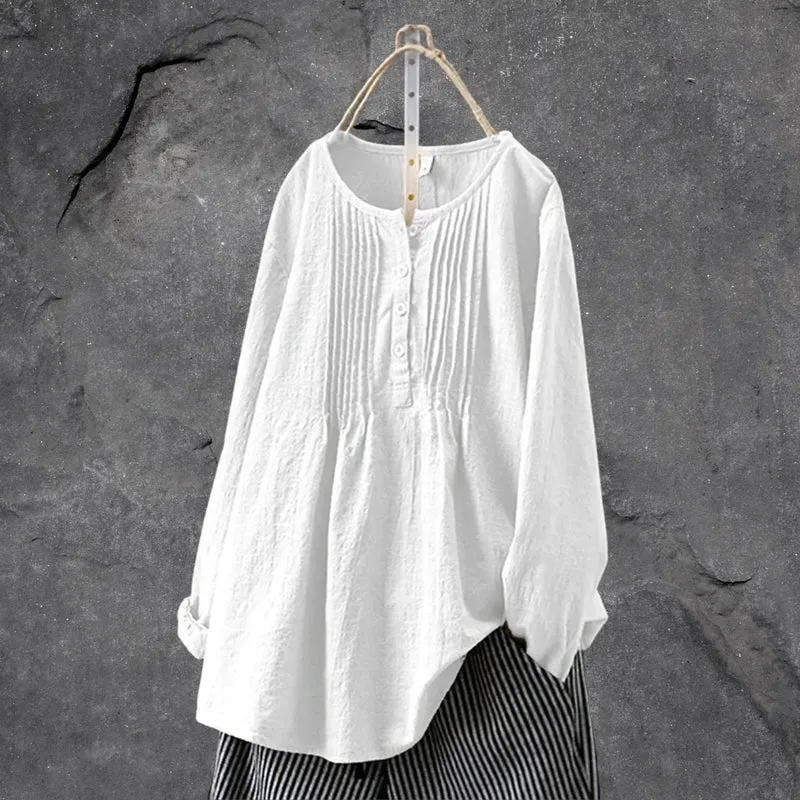 Allen Blouse Femme – Blouse Légère à Manches Longues ou 3/4, Boutons Frontaux & Plis Structurés Été