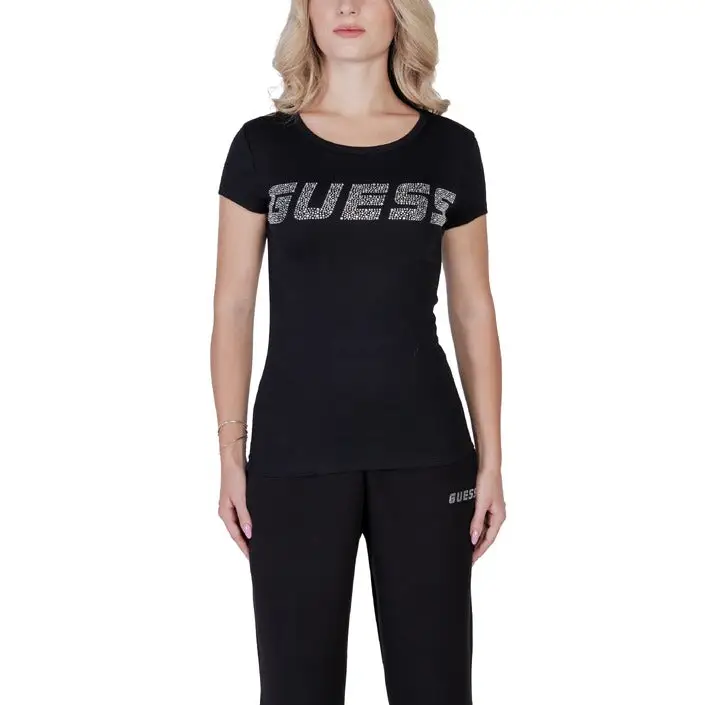 Guess Femmes T-Shirt Col rond en coton lycra noir