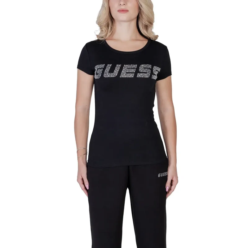Guess Femmes T-Shirt Col rond en coton lycra noir