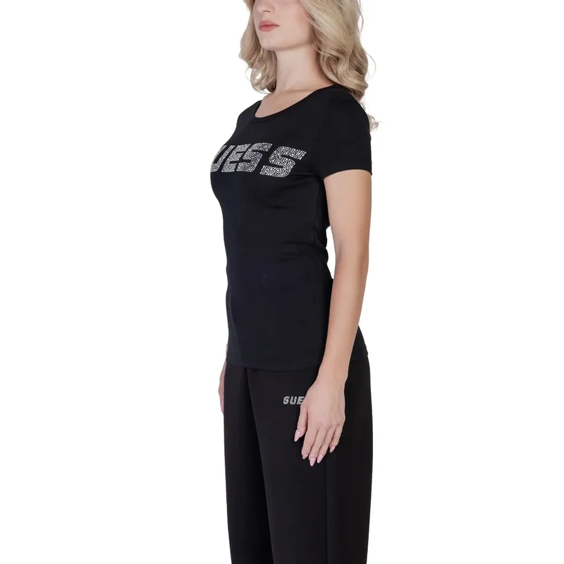 Guess Femmes T-Shirt Col rond en coton lycra noir