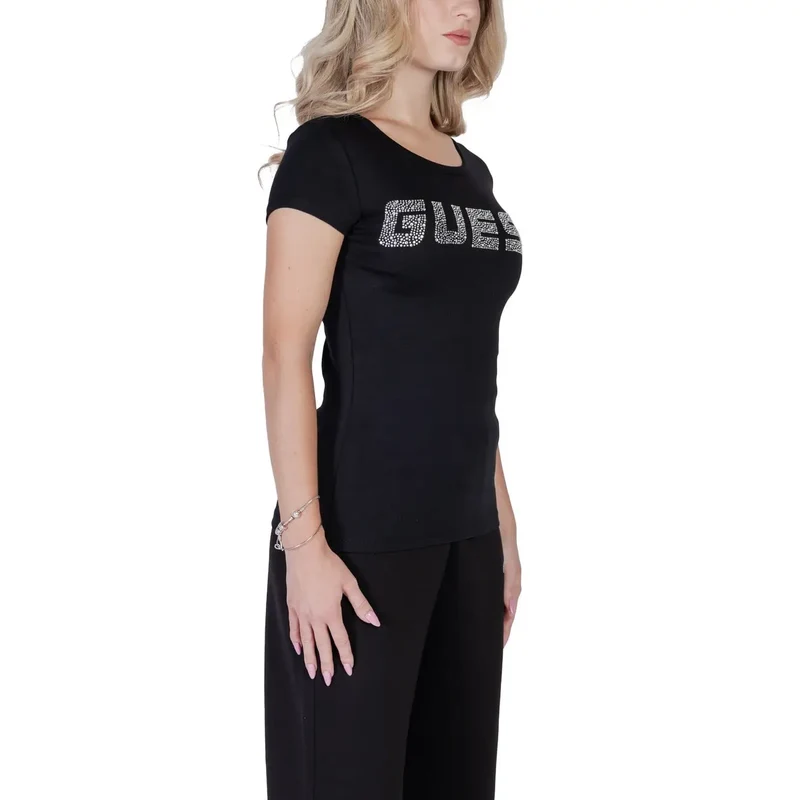 Guess Femmes T-Shirt Col rond en coton lycra noir