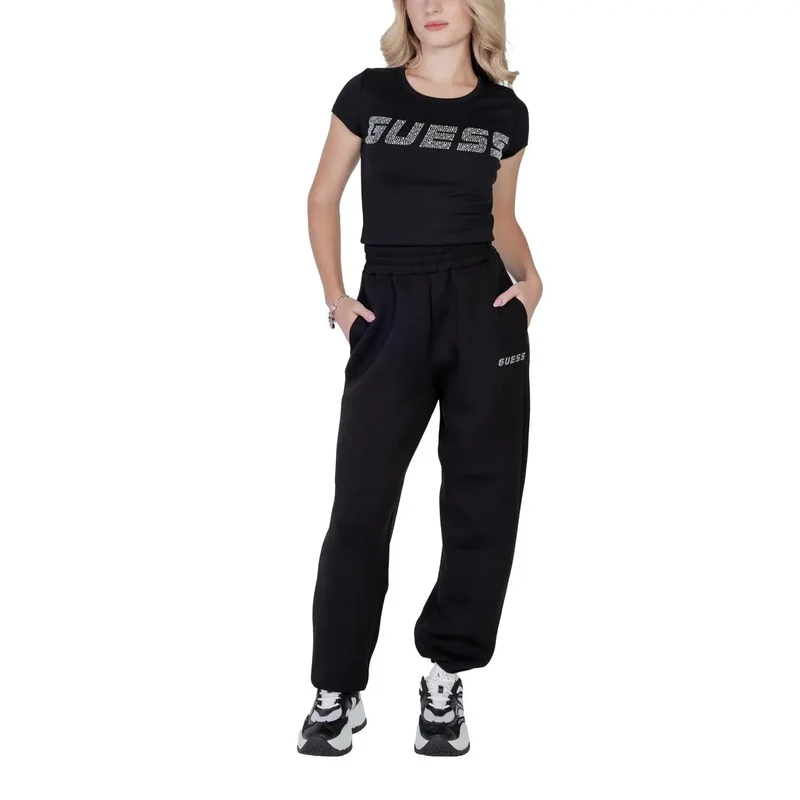 Guess Femmes T-Shirt Col rond en coton lycra noir
